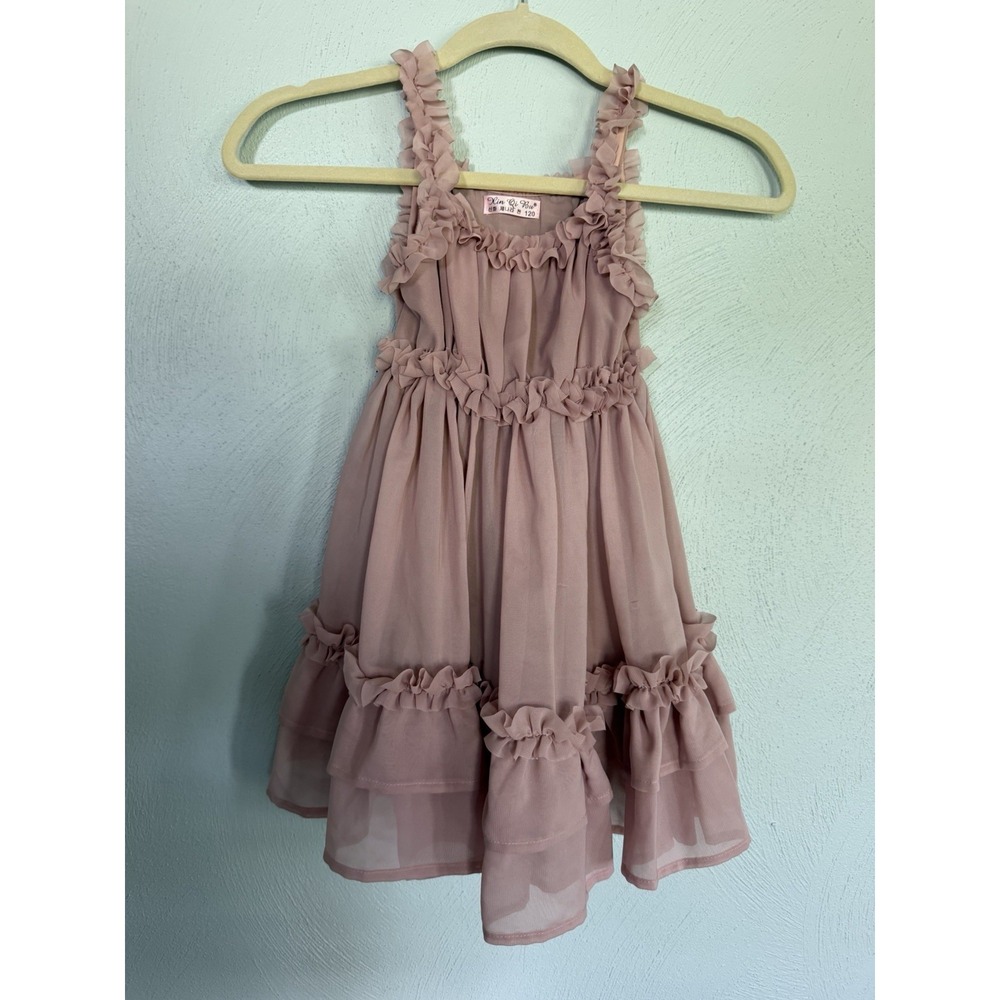 Xin Qi Bu Girls Pink Chiffon Tiered Ruffle Fit & Flare Dress Sleeveless Size 120